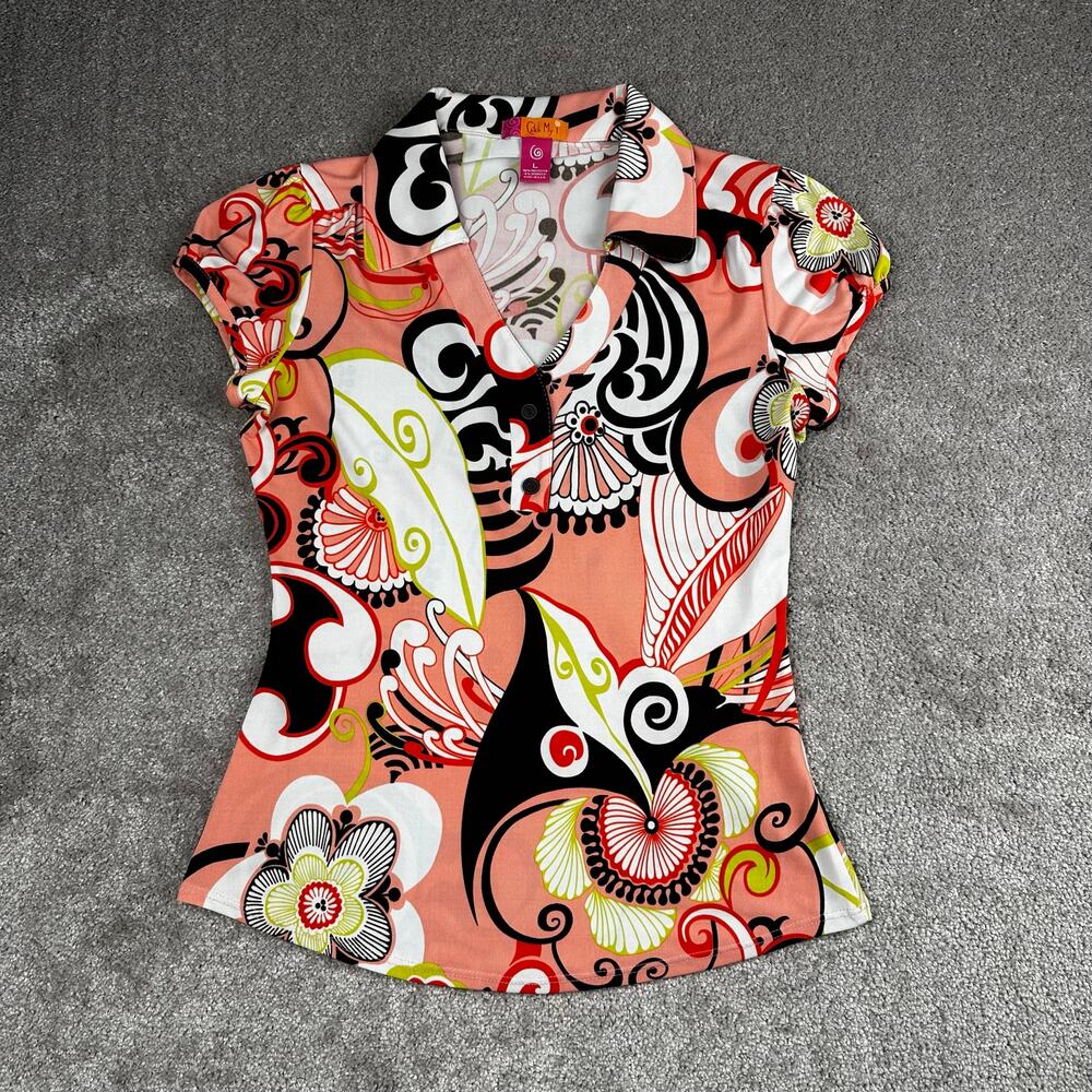 Bold Paisley Floral Print Top Size L Coral Black White V Neck Catch My I  Groovy